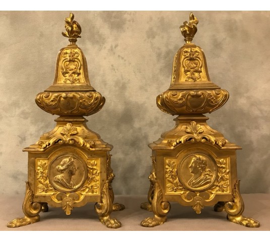 Beaux chenets in gilded bronze Louis XIV Régence