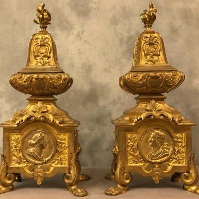 Beaux chenets in gilded bronze Louis XIV Régence