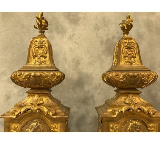 Beaux chenets in gilded bronze Louis XIV Régence