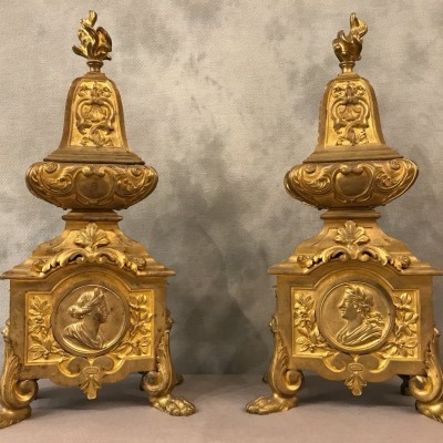 Beaux chenets in gilded bronze Louis XIV Régence