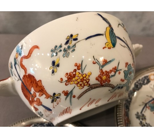 Bol à bouillon en porcelaine de Mehun et son assiette cerclage en argent d'époque fin 19 ème