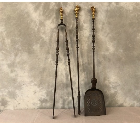 Exceptionnel ensemble de trois pièces de cheminée en fer et bronze doré d'époque 19 ème
