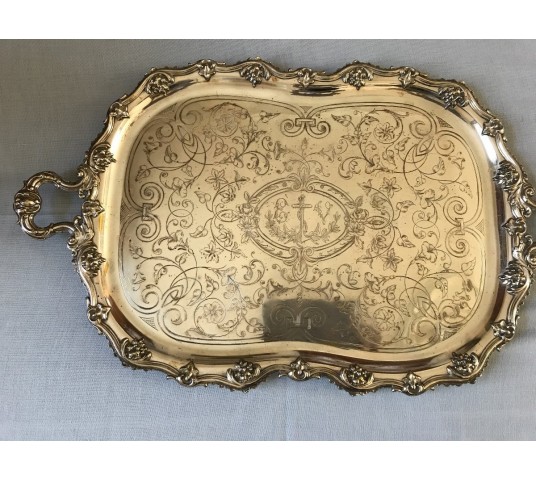 Louis XV-style silver metal service tray of the day 19 th