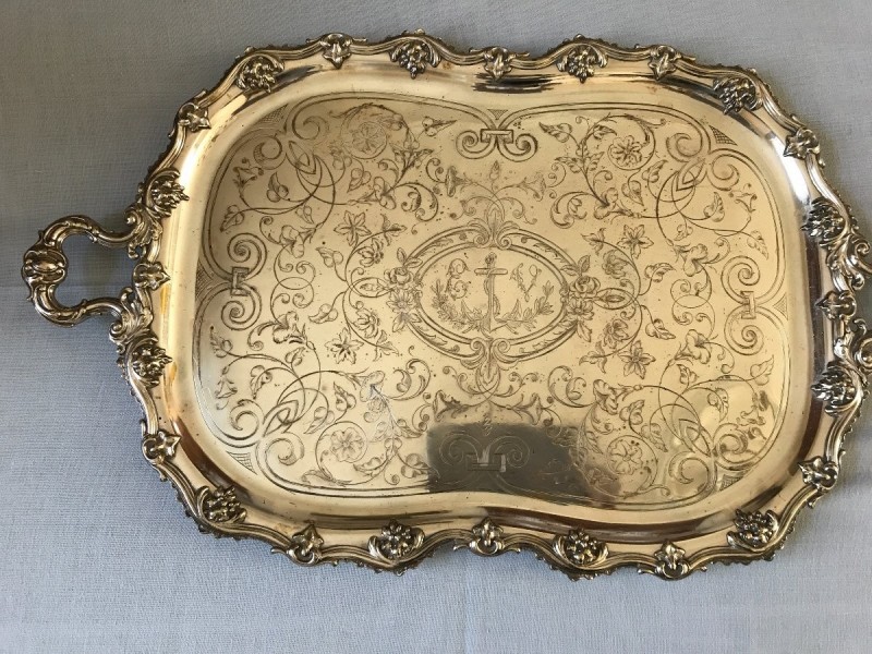 Louis XV-style silver metal service tray of the day 19 th