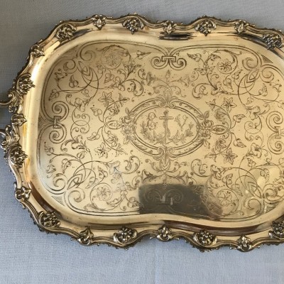 Louis XV-style silver metal service tray of the day 19 th