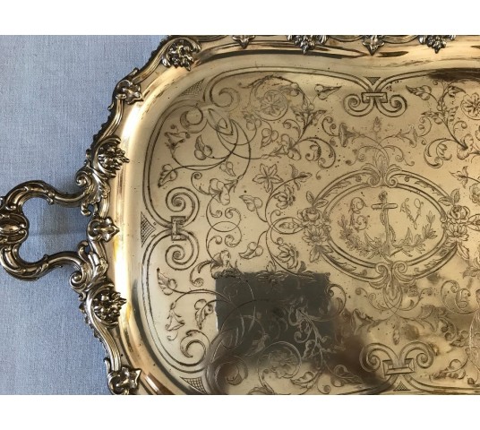 Louis XV-style silver metal service tray of the day 19 th