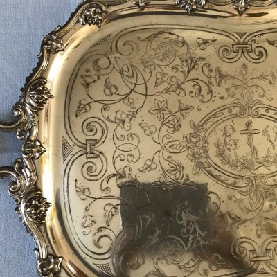 Louis XV-style silver metal service tray of the day 19 th