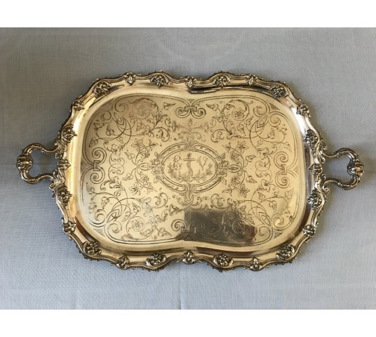 Louis XV-style silver metal service tray of the day 19 th