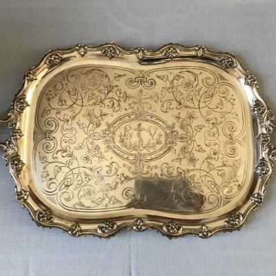 Louis XV-style silver metal service tray of the day 19 th