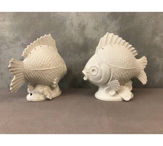 Pair of fish in white porcelain circa 1940