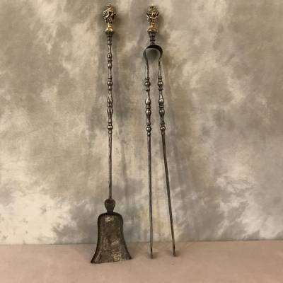 Set of a iron and bronze shovel and pliers 19th-century.