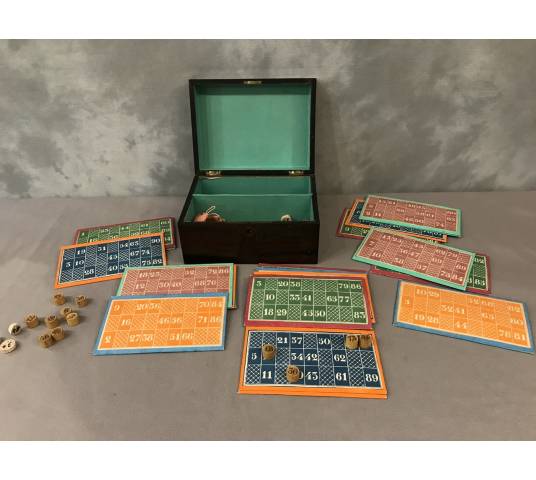 Jeu de loto ancien vers 1900 dans son coffret en bois d’acajou