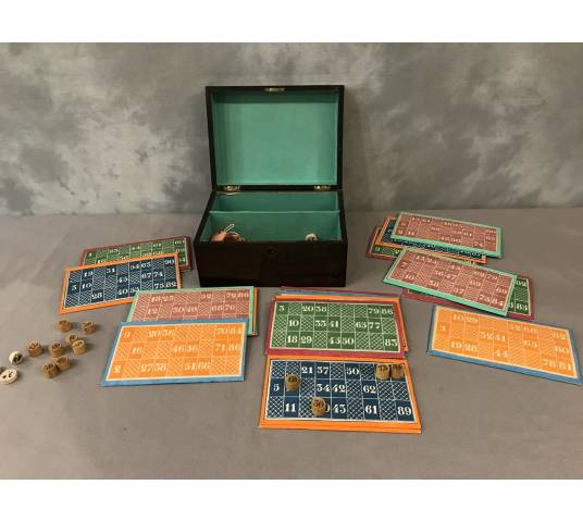 Old loto game circa 1900 in its mahogantly wooden box