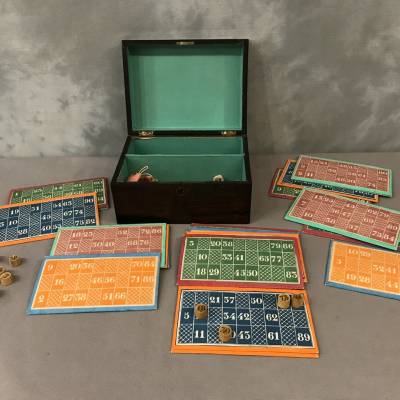 Old loto game circa 1900 in its mahogantly wooden box