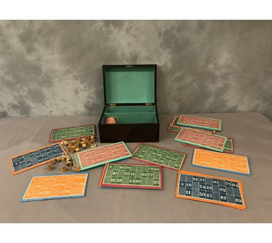 Old loto game circa 1900 in its mahogantly wooden box