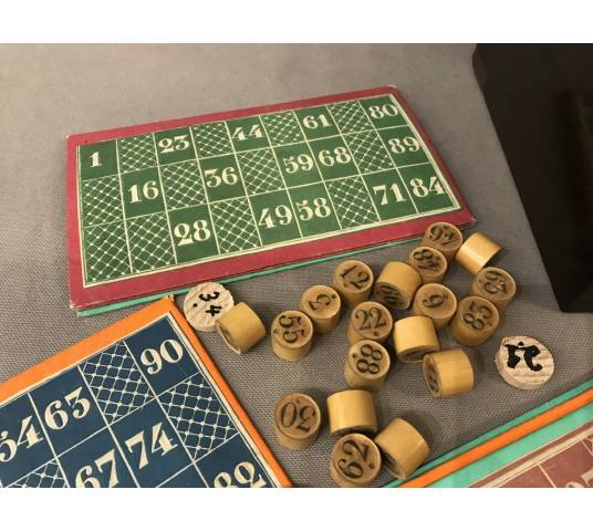 Old loto game circa 1900 in its mahogantly wooden box