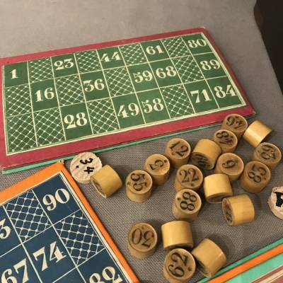 Old loto game circa 1900 in its mahogantly wooden box