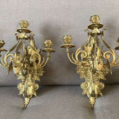 Pair d' appliques en bronze gilt de style NéoGothic d' époque 19 ème