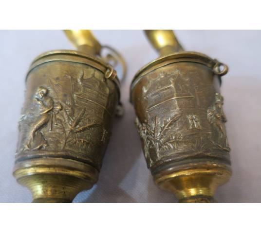 Beautiful small pairs of vintage brass amphoras 19 th decor of chinoiseries