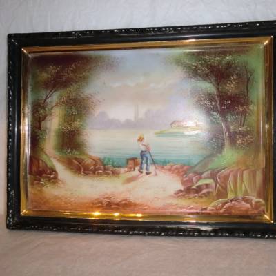 Pair of paintings in period porcelain 19th landscape decoration