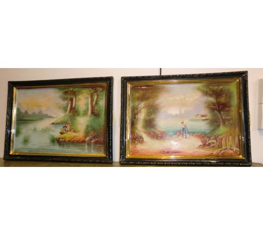 Pair of paintings in period porcelain 19th landscape decoration