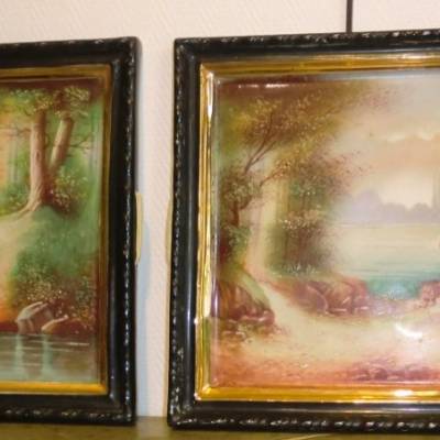 Pair of paintings in period porcelain 19th landscape decoration