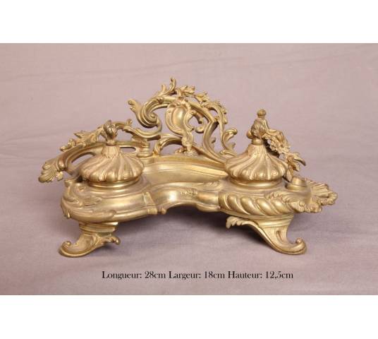 Bel encrier en bronze doré d'époque fin 19 ème Louis XV Napoléon III