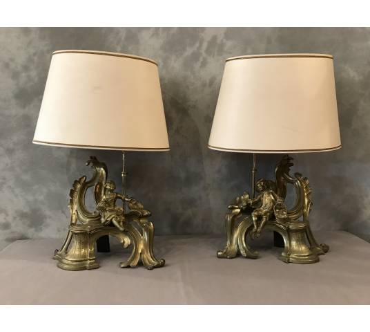 Pair of chenets in gilded bronze mounted in vintage lamp 19 th