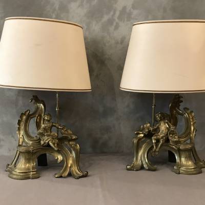 Pair of chenets in gilded bronze mounted in vintage lamp 19 th