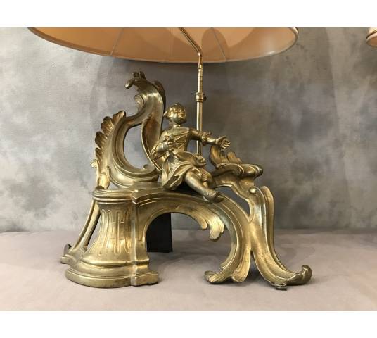 Pair of chenets in gilded bronze mounted in vintage lamp 19 th