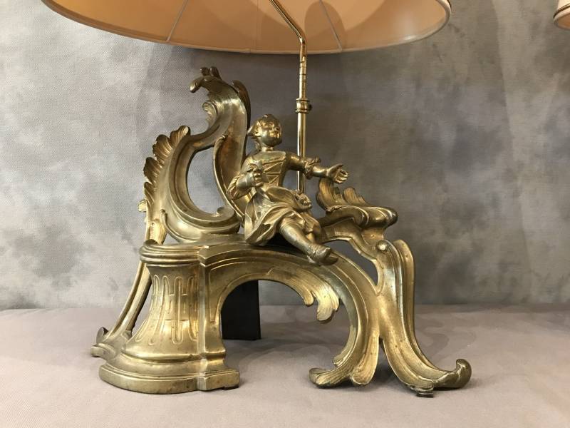 Pair of chenets in gilded bronze mounted in vintage lamp 19 th