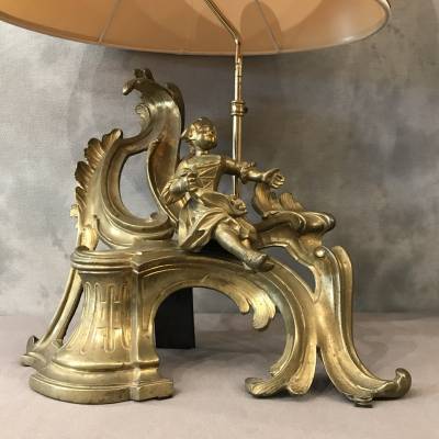 Paire de chenets en bronze doré  montés en lampe d'époque 19 ème