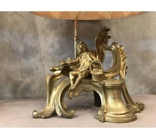 Pair of chenets in gilded bronze mounted in vintage lamp 19 th