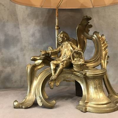 Pair of chenets in gilded bronze mounted in vintage lamp 19 th