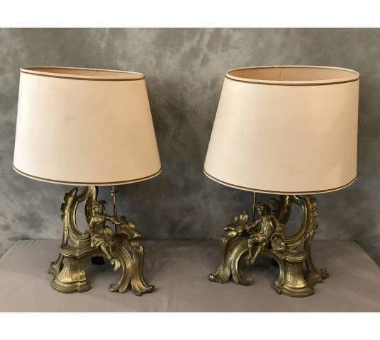 Pair of chenets in gilded bronze mounted in vintage lamp 19 th