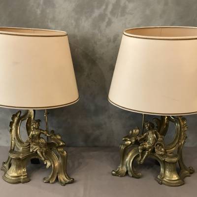 Paire de chenets en bronze doré  montés en lampe d'époque 19 ème