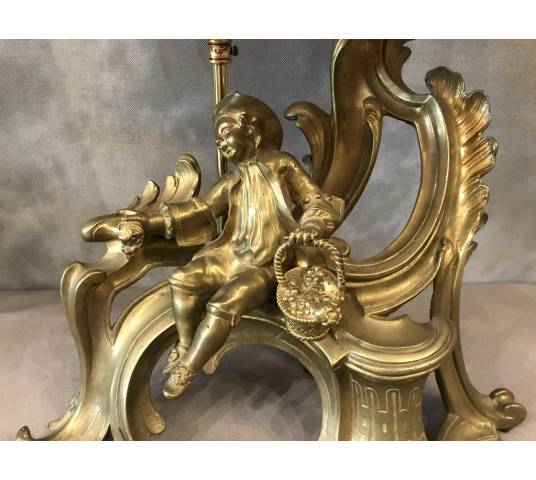 Pair of chenets in gilded bronze mounted in vintage lamp 19 th