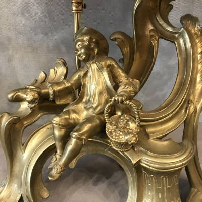 Pair of chenets in gilded bronze mounted in vintage lamp 19 th