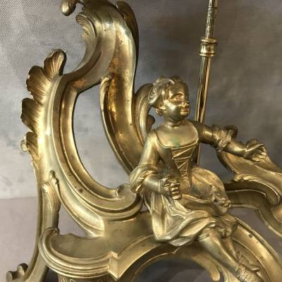 Pair of chenets in gilded bronze mounted in vintage lamp 19 th