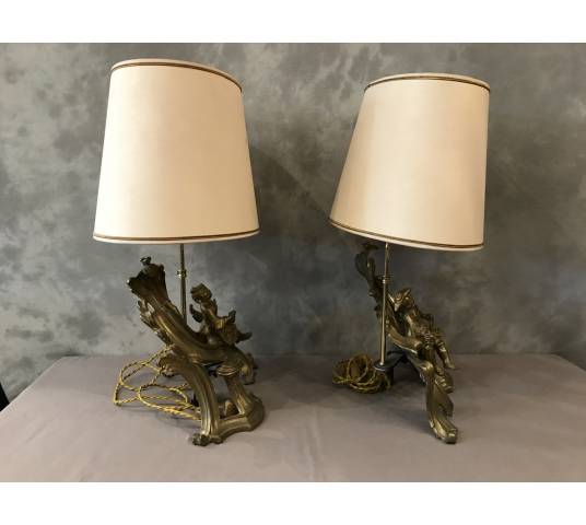 Paire de chenets en bronze doré  montés en lampe d'époque 19 ème