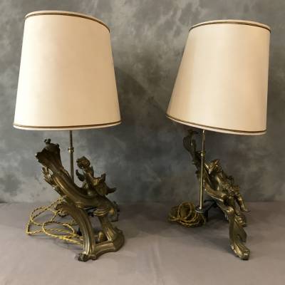 Pair of chenets in gilded bronze mounted in vintage lamp 19 th