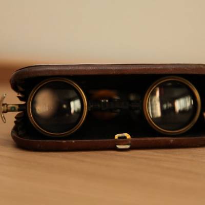 Pair of leather, silver and vintage binoculars Art Nouveau