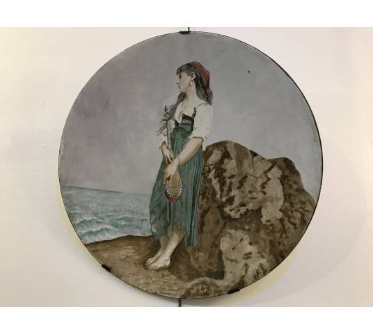 Large decorative plate painting in earthenware 19 th