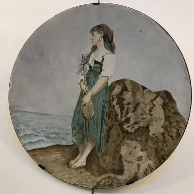 Large decorative plate painting in earthenware 19 th