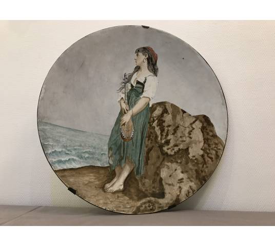 Large decorative plate painting in earthenware 19 th