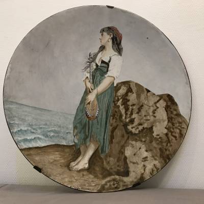 Large decorative plate painting in earthenware 19 th