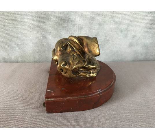 Bronze dog head on pedestal in period marble 19 th