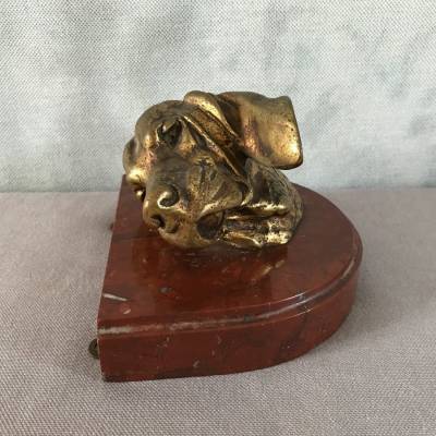 Bronze dog head on pedestal in period marble 19 th