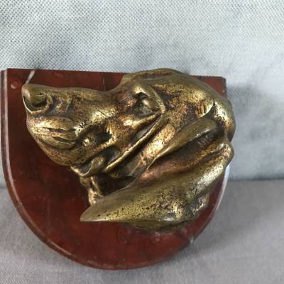 Bronze dog head on pedestal in period marble 19 th