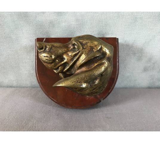 Bronze tête de chien sur socle en marbre d'époque 19 ème